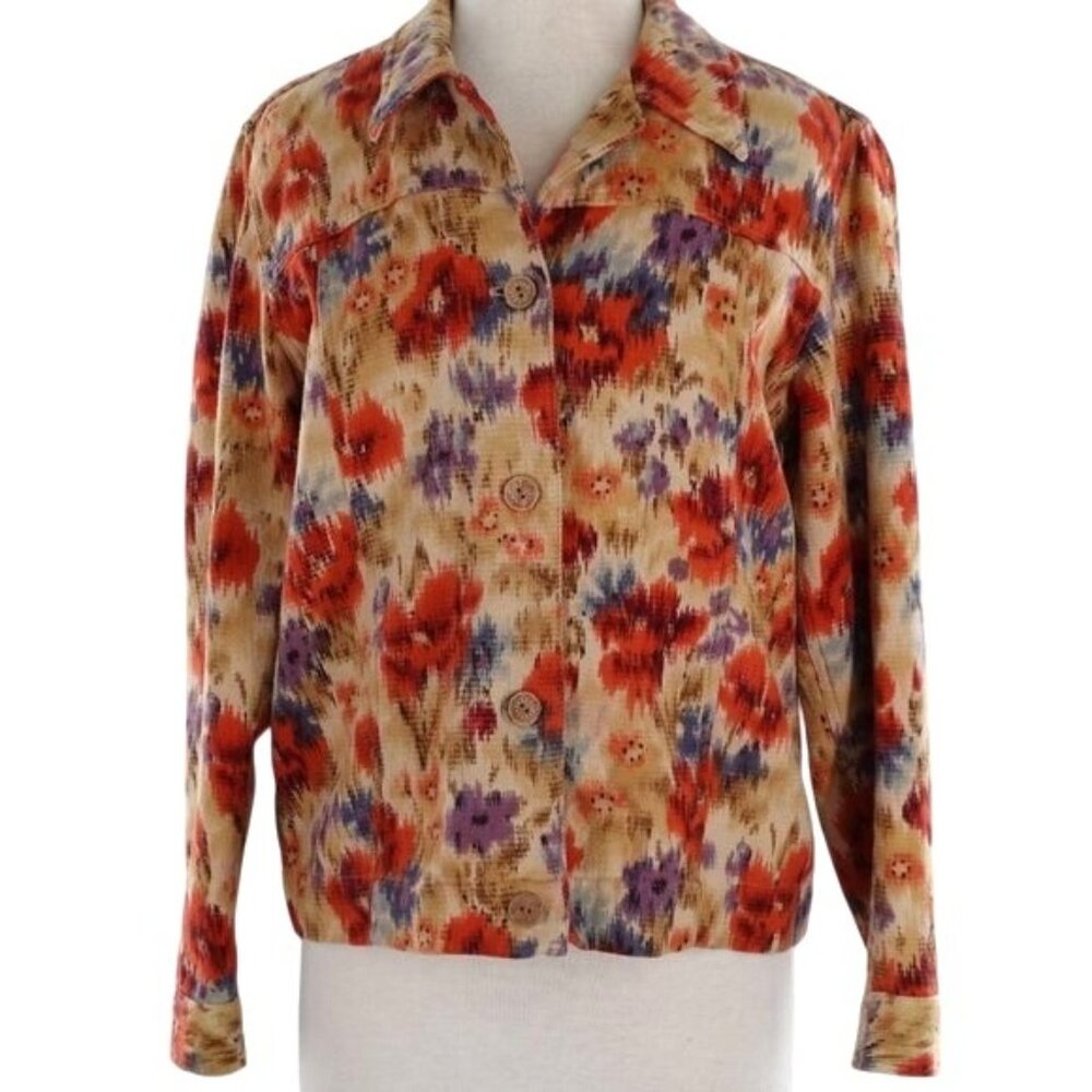 Coldwater Creek Ikat Floral Cotton Trucker Layering Jacket Sz Med